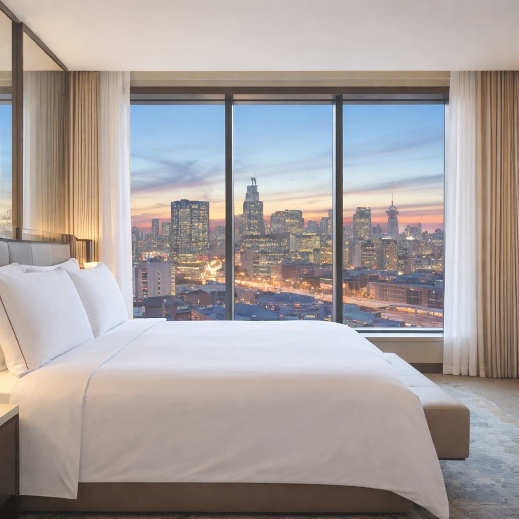 Luxury hotel room overlooking city skyline at dusk