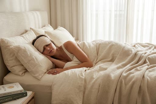 Traveler waking up refreshed in a pristine hotel room